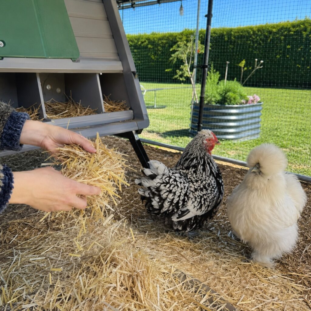 changing bedding in a hen house