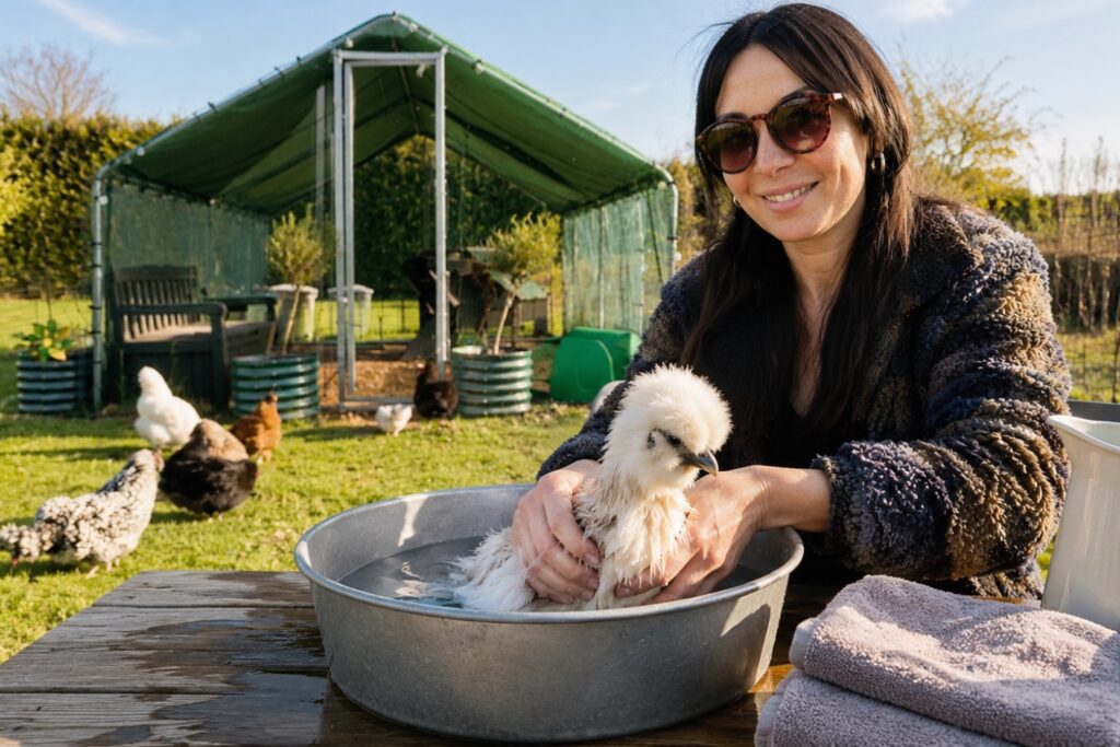 a person cleaning a pet chicken in their garden